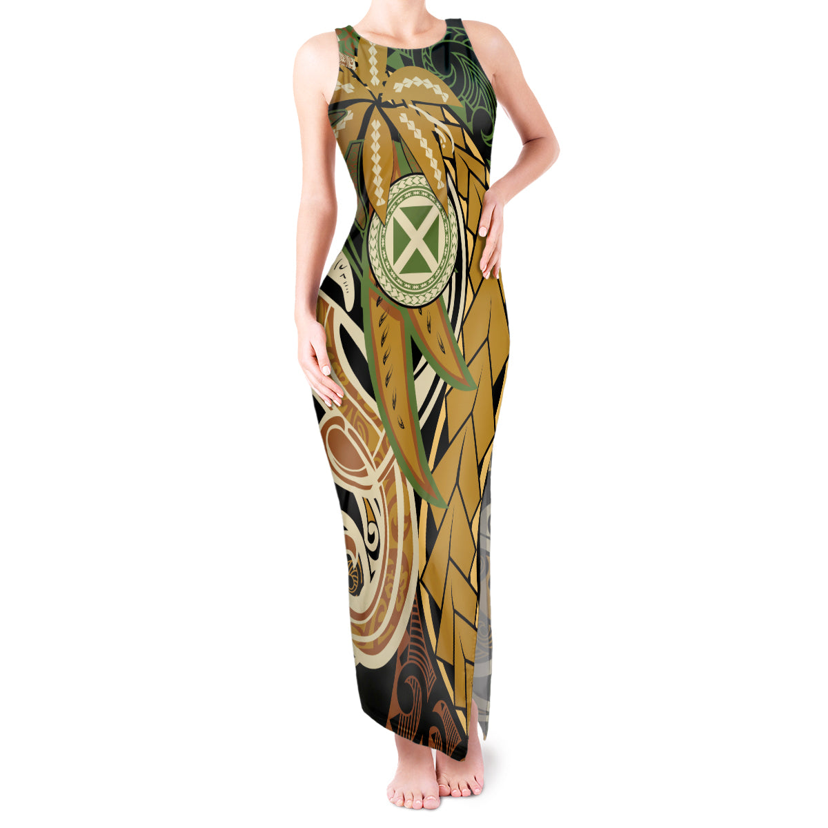 Wallis and Futuna Victory Day Tank Maxi Dress Since 1945 with Polynesian Platinum Floral Tribal