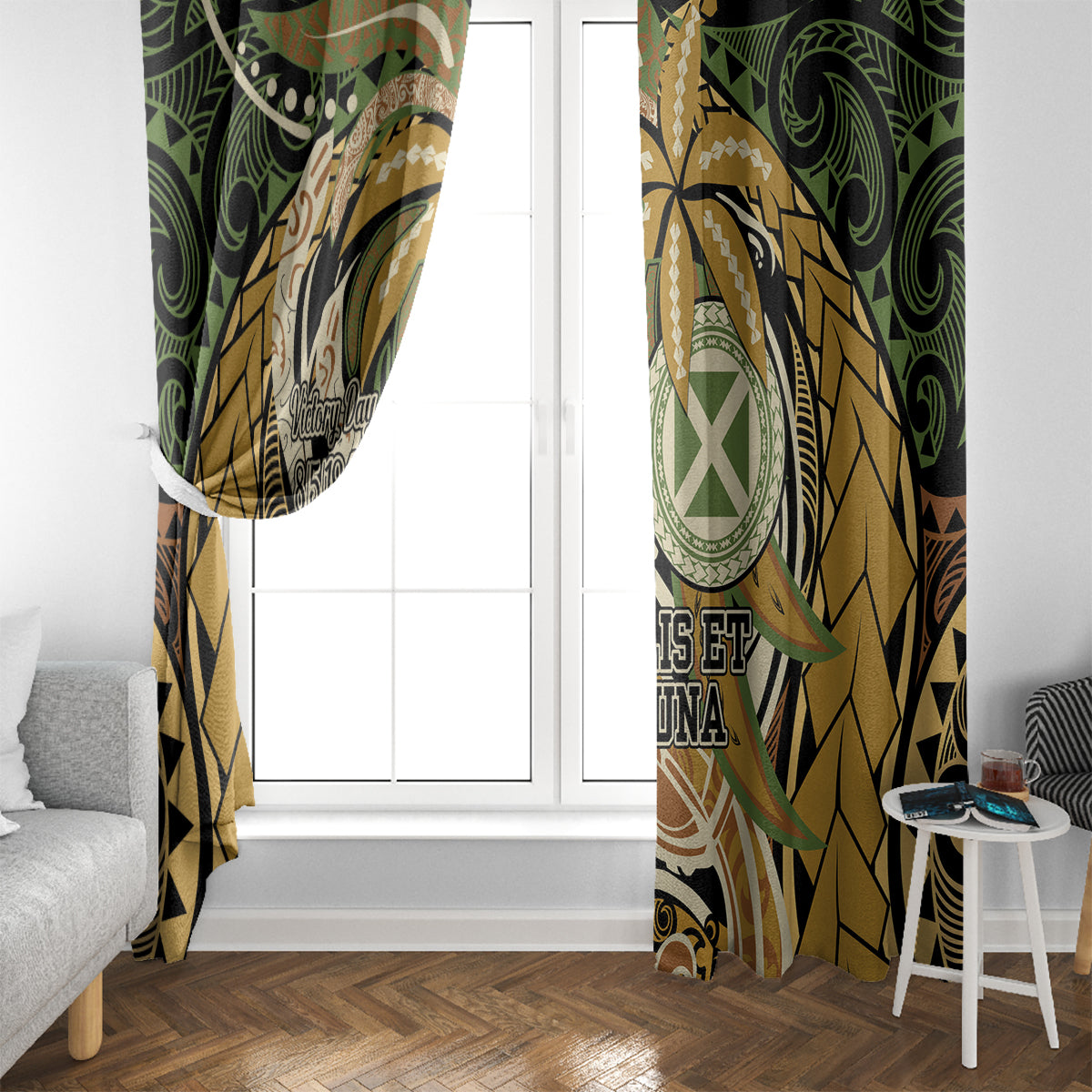 Wallis and Futuna Victory Day Window Curtain Since 1945 with Polynesian Platinum Floral Tribal LT9 - Polynesian Pride