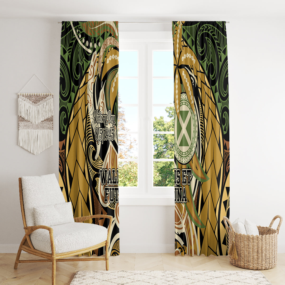Wallis and Futuna Victory Day Window Curtain Since 1945 with Polynesian Platinum Floral Tribal LT9 - Polynesian Pride