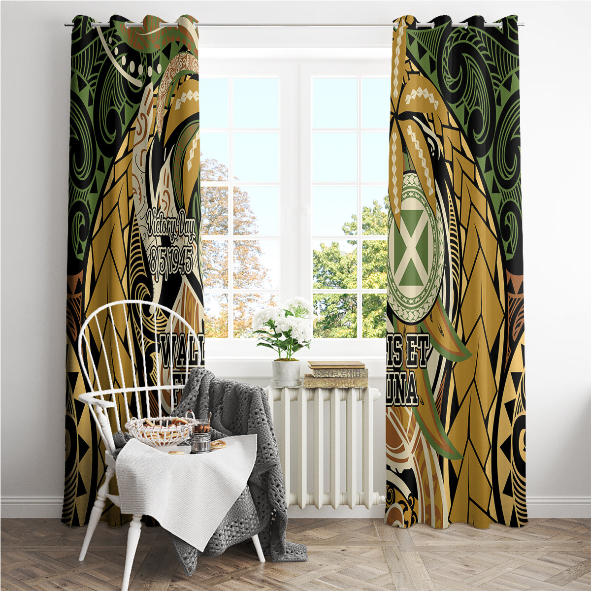Wallis and Futuna Victory Day Window Curtain Since 1945 with Polynesian Platinum Floral Tribal LT9 - Polynesian Pride
