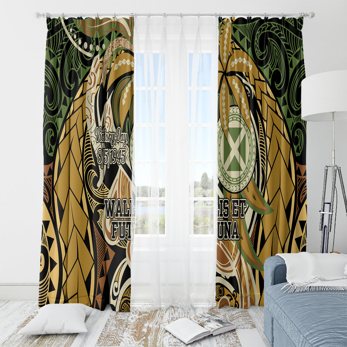 Wallis and Futuna Victory Day Window Curtain Since 1945 with Polynesian Platinum Floral Tribal LT9 - Polynesian Pride
