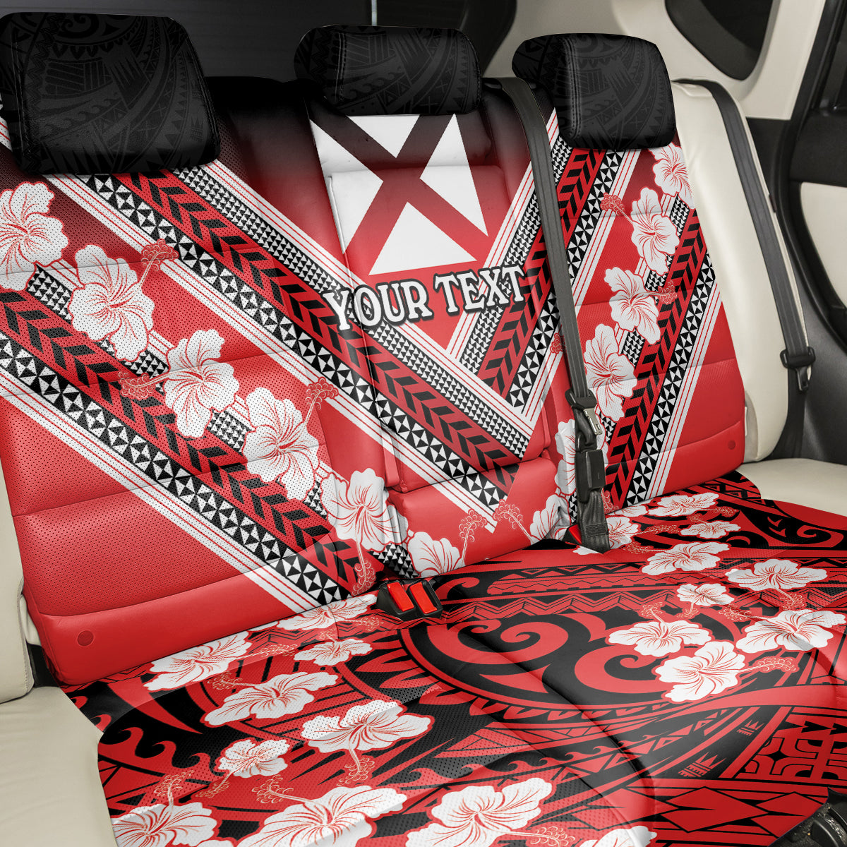 Personalised Wallis et Futuna Back Car Seat Cover Hibiscus and Polynesian Tribal Tattoos LT9