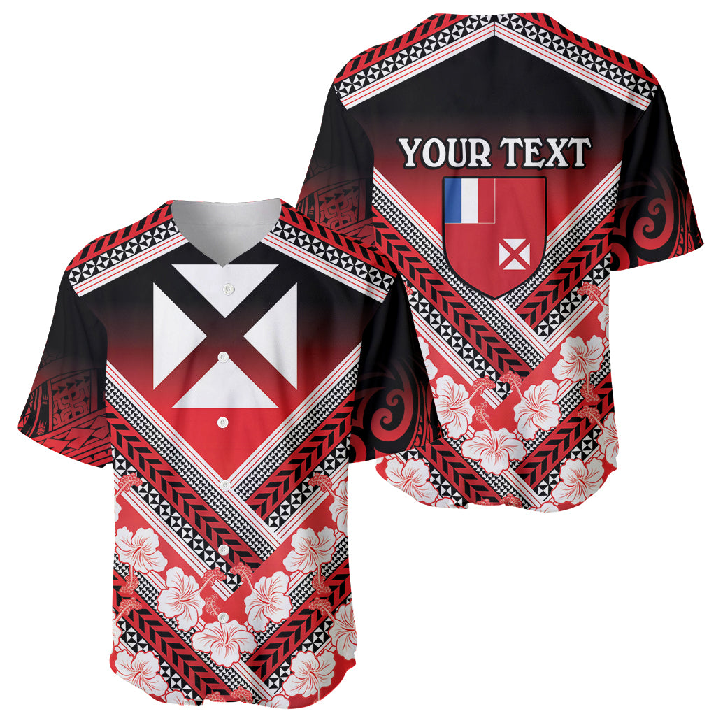 Personalised Wallis et Futuna Baseball Jersey Hibiscus and Polynesian Tribal Tattoos