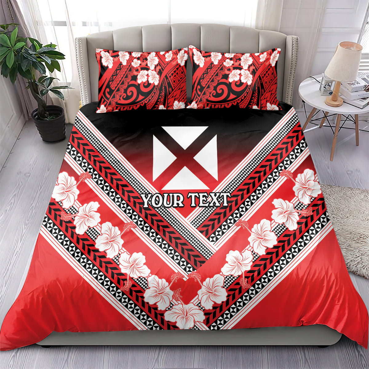 Personalised Wallis et Futuna Bedding Set Hibiscus and Polynesian Tribal Tattoos