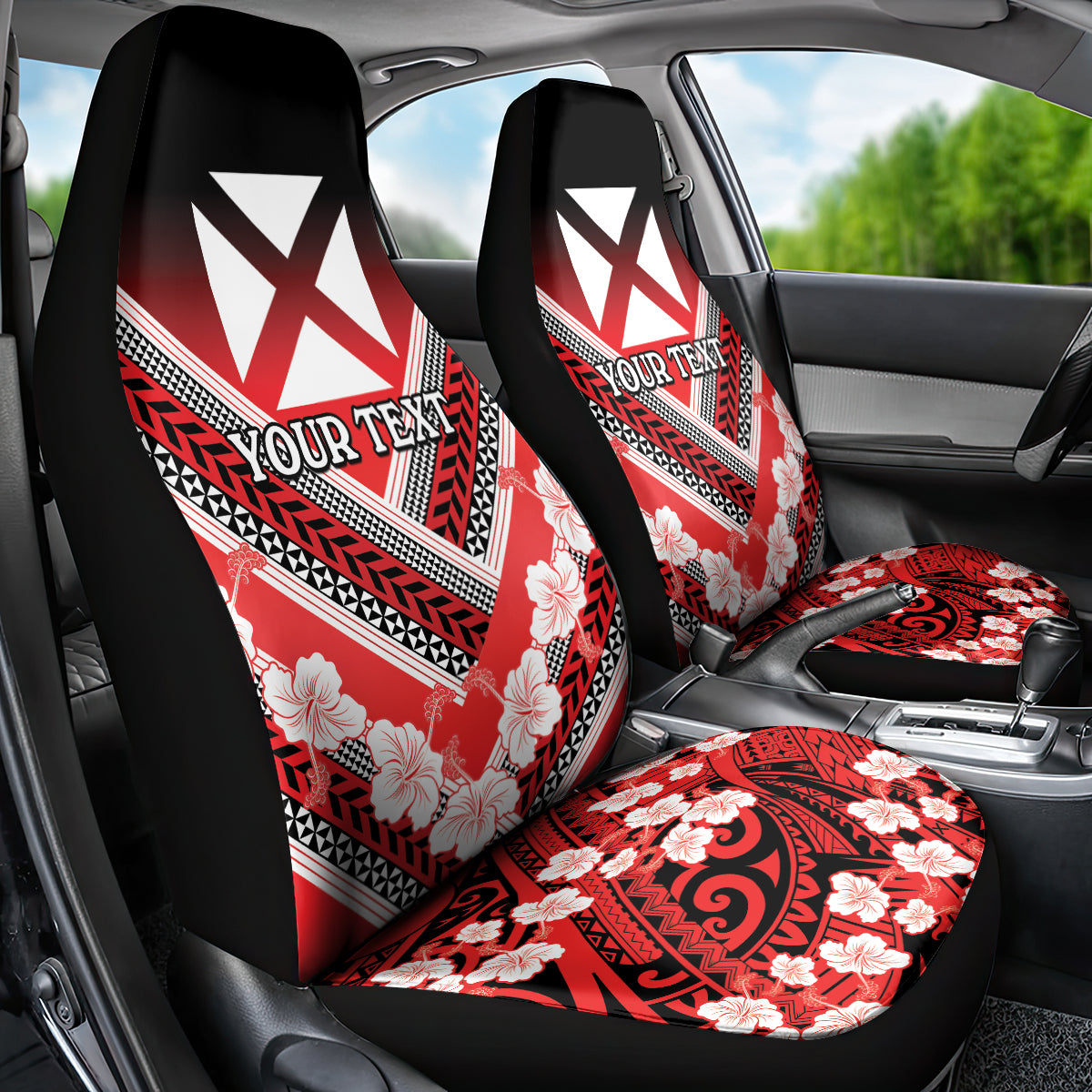 Personalised Wallis et Futuna Car Seat Cover Hibiscus and Polynesian Tribal Tattoos