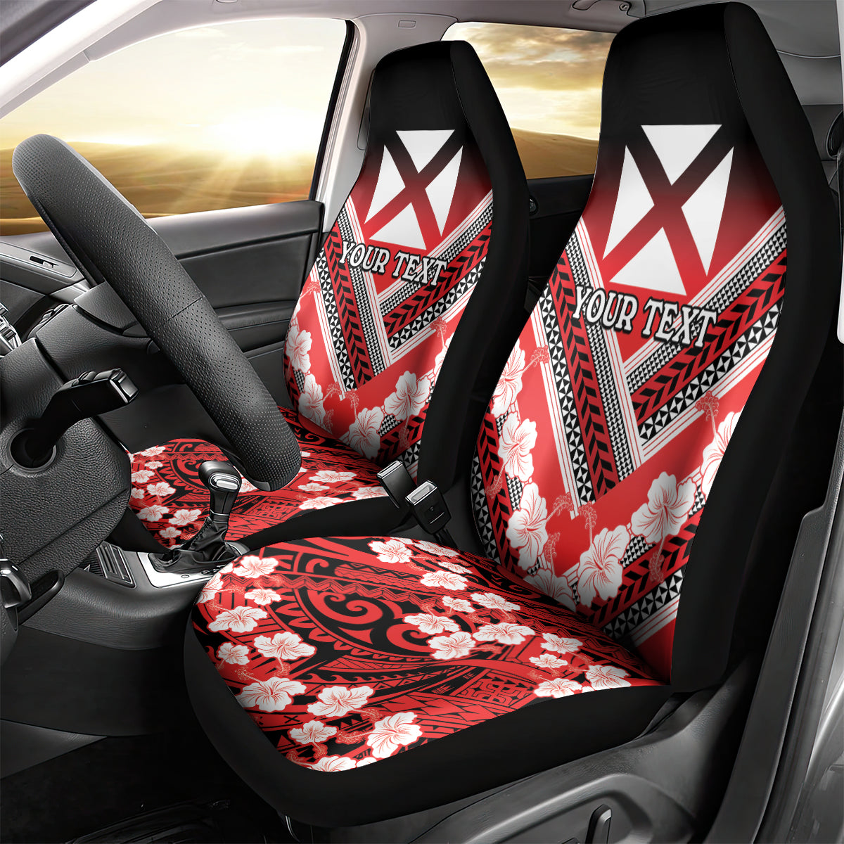 Personalised Wallis et Futuna Car Seat Cover Hibiscus and Polynesian Tribal Tattoos
