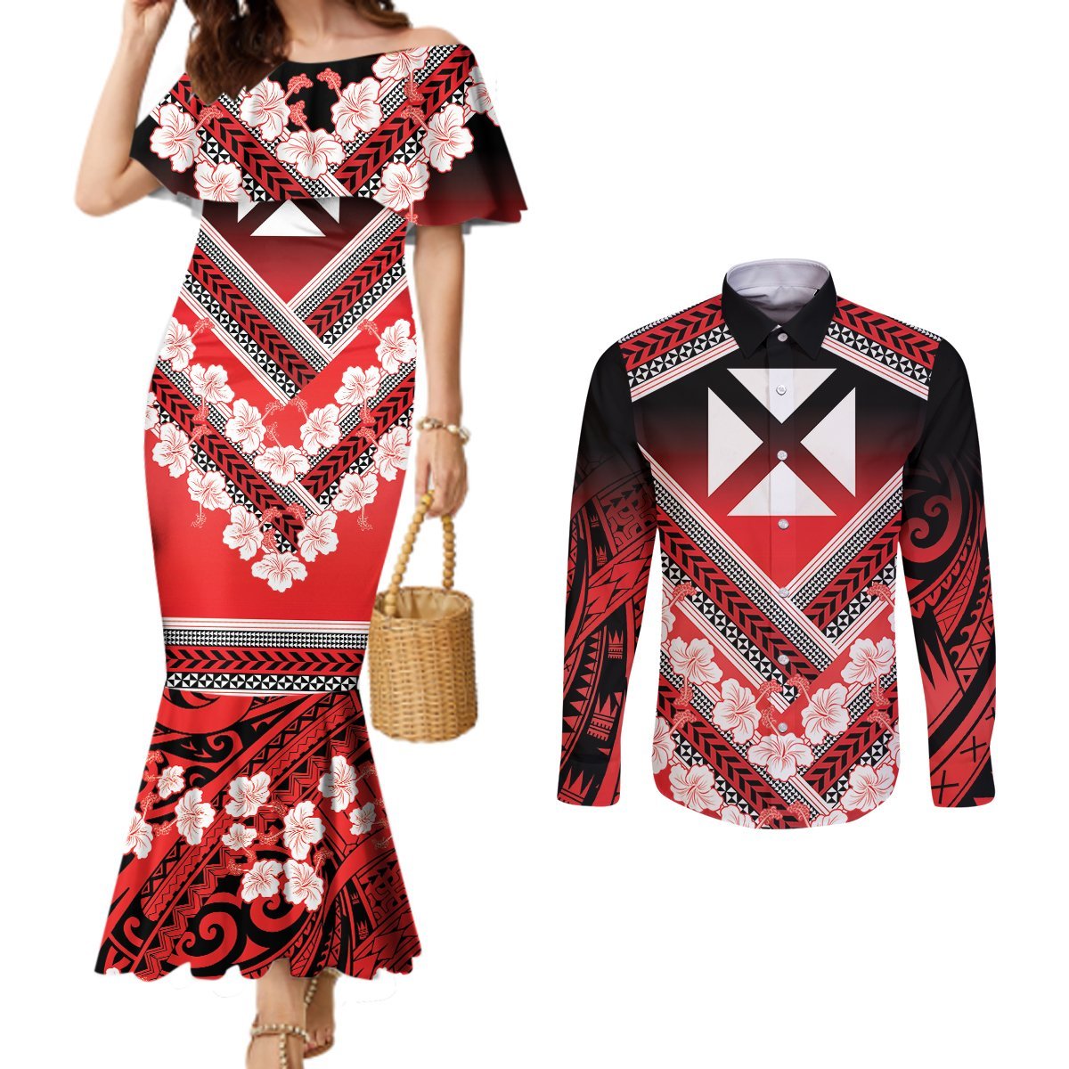 Personalised Wallis et Futuna Couples Matching Mermaid Dress and Long Sleeve Button Shirt Hibiscus and Polynesian Tribal Tattoos LT9 Red - Polynesian Pride