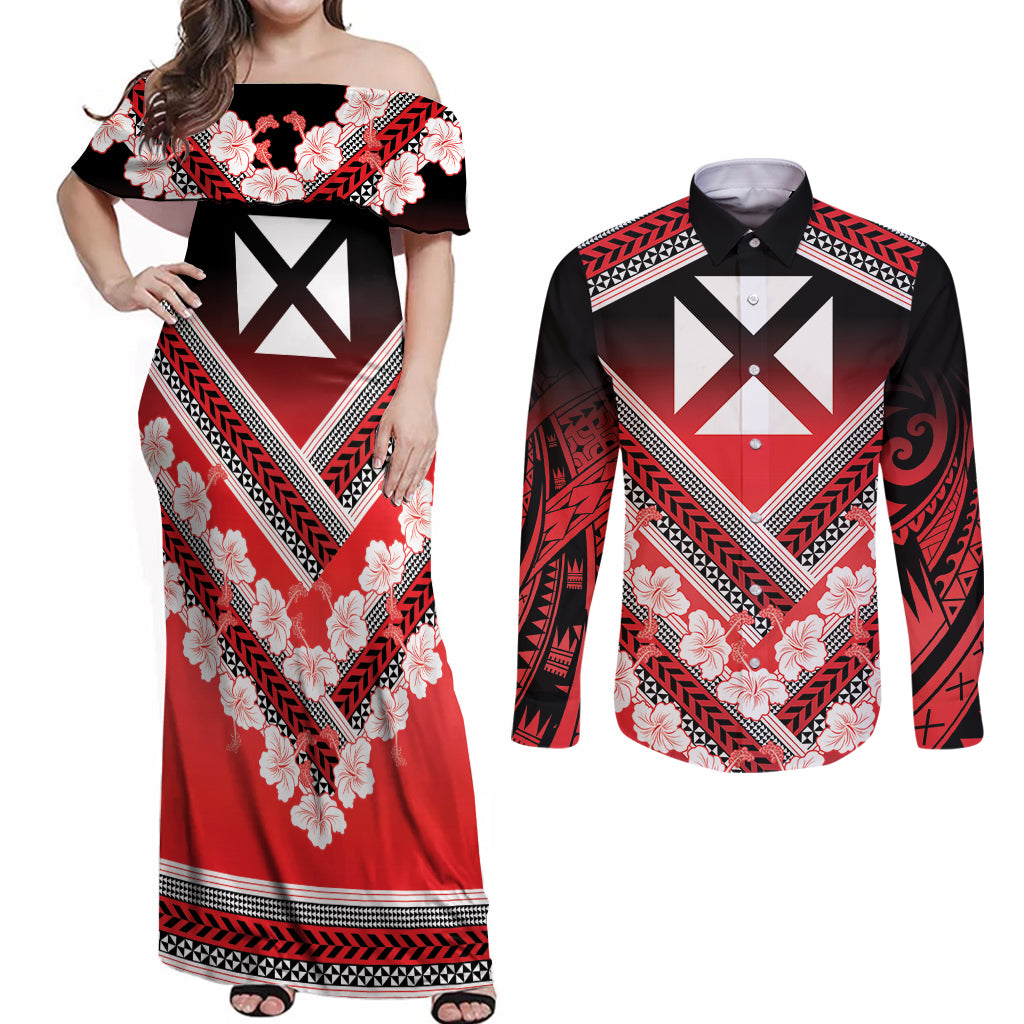 Personalised Wallis et Futuna Couples Matching Off Shoulder Maxi Dress and Long Sleeve Button Shirt Hibiscus and Polynesian Tribal Tattoos