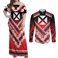 Personalised Wallis et Futuna Couples Matching Off Shoulder Maxi Dress and Long Sleeve Button Shirt Hibiscus and Polynesian Tribal Tattoos
