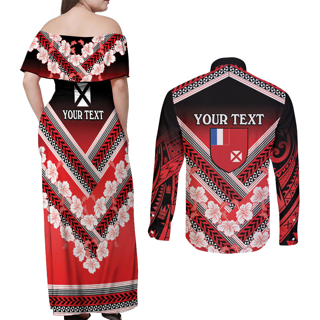Personalised Wallis et Futuna Couples Matching Off Shoulder Maxi Dress and Long Sleeve Button Shirt Hibiscus and Polynesian Tribal Tattoos