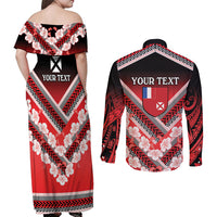 Personalised Wallis et Futuna Couples Matching Off Shoulder Maxi Dress and Long Sleeve Button Shirt Hibiscus and Polynesian Tribal Tattoos
