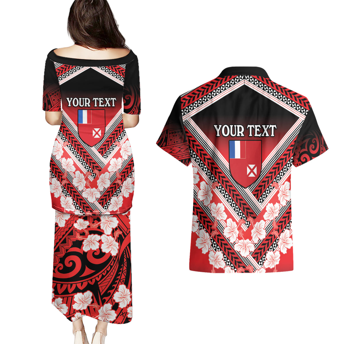 Personalised Wallis et Futuna Couples Matching Puletasi and Hawaiian Shirt Hibiscus and Polynesian Tribal Tattoos