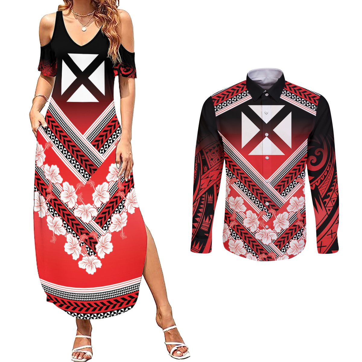 Personalised Wallis et Futuna Couples Matching Summer Maxi Dress and Long Sleeve Button Shirt Hibiscus and Polynesian Tribal Tattoos