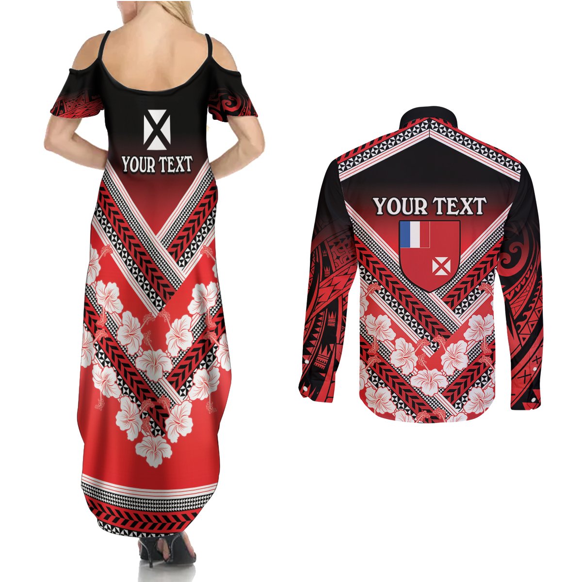 Personalised Wallis et Futuna Couples Matching Summer Maxi Dress and Long Sleeve Button Shirt Hibiscus and Polynesian Tribal Tattoos