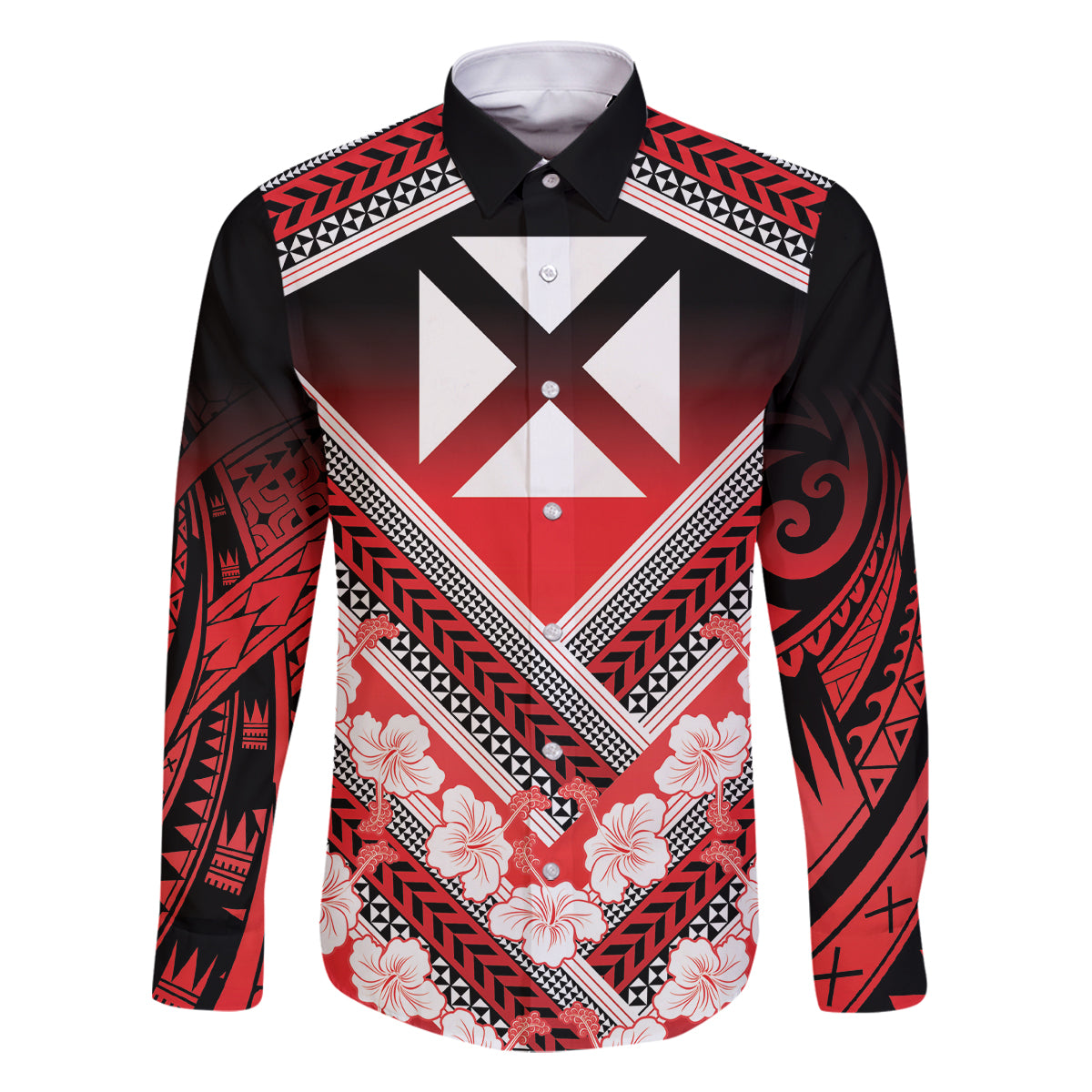 Personalised Wallis et Futuna Family Matching Long Sleeve Bodycon Dress and Hawaiian Shirt Hibiscus and Polynesian Tribal Tattoos LT9 Dad's Shirt - Long Sleeve Red - Polynesian Pride