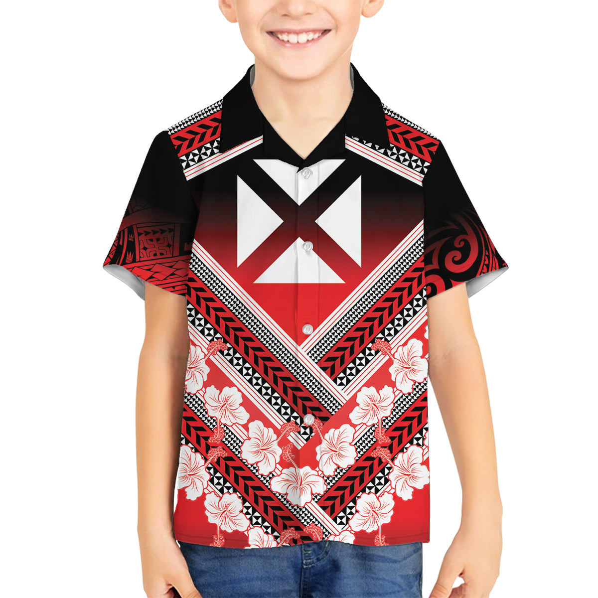 Personalised Wallis et Futuna Family Matching Long Sleeve Bodycon Dress and Hawaiian Shirt Hibiscus and Polynesian Tribal Tattoos LT9 Son's Shirt Red - Polynesian Pride