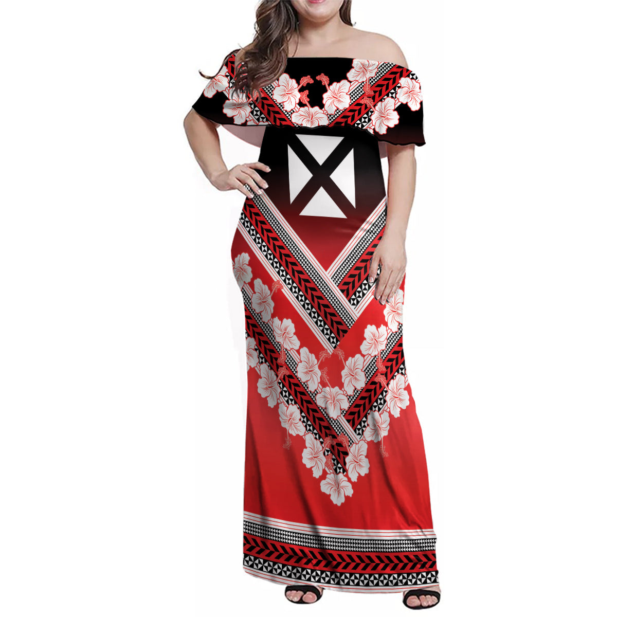 Personalised Wallis et Futuna Family Matching Off Shoulder Maxi Dress and Hawaiian Shirt Hibiscus and Polynesian Tribal Tattoos