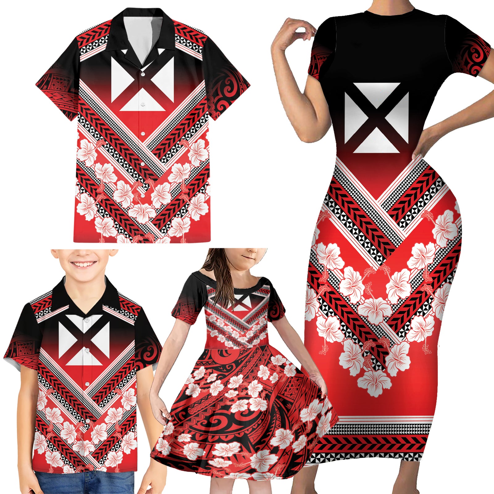 Personalised Wallis et Futuna Family Matching Short Sleeve Bodycon Dress and Hawaiian Shirt Hibiscus and Polynesian Tribal Tattoos LT9 - Polynesian Pride