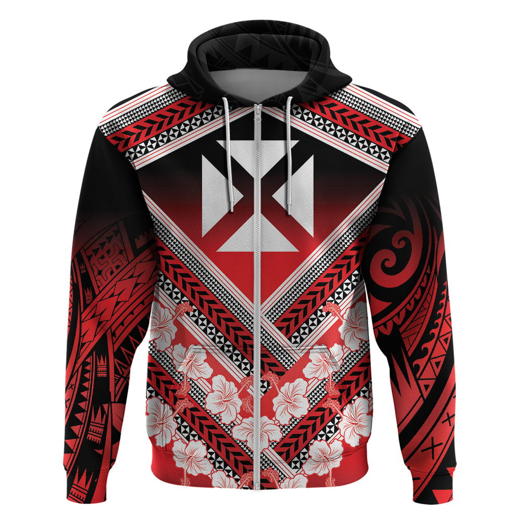 Personalised Wallis et Futuna Hoodie Hibiscus and Polynesian Tribal Tattoos LT9 Zip Hoodie Red - Polynesian Pride