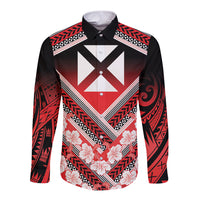 Personalised Wallis et Futuna Long Sleeve Button Shirt Hibiscus and Polynesian Tribal Tattoos