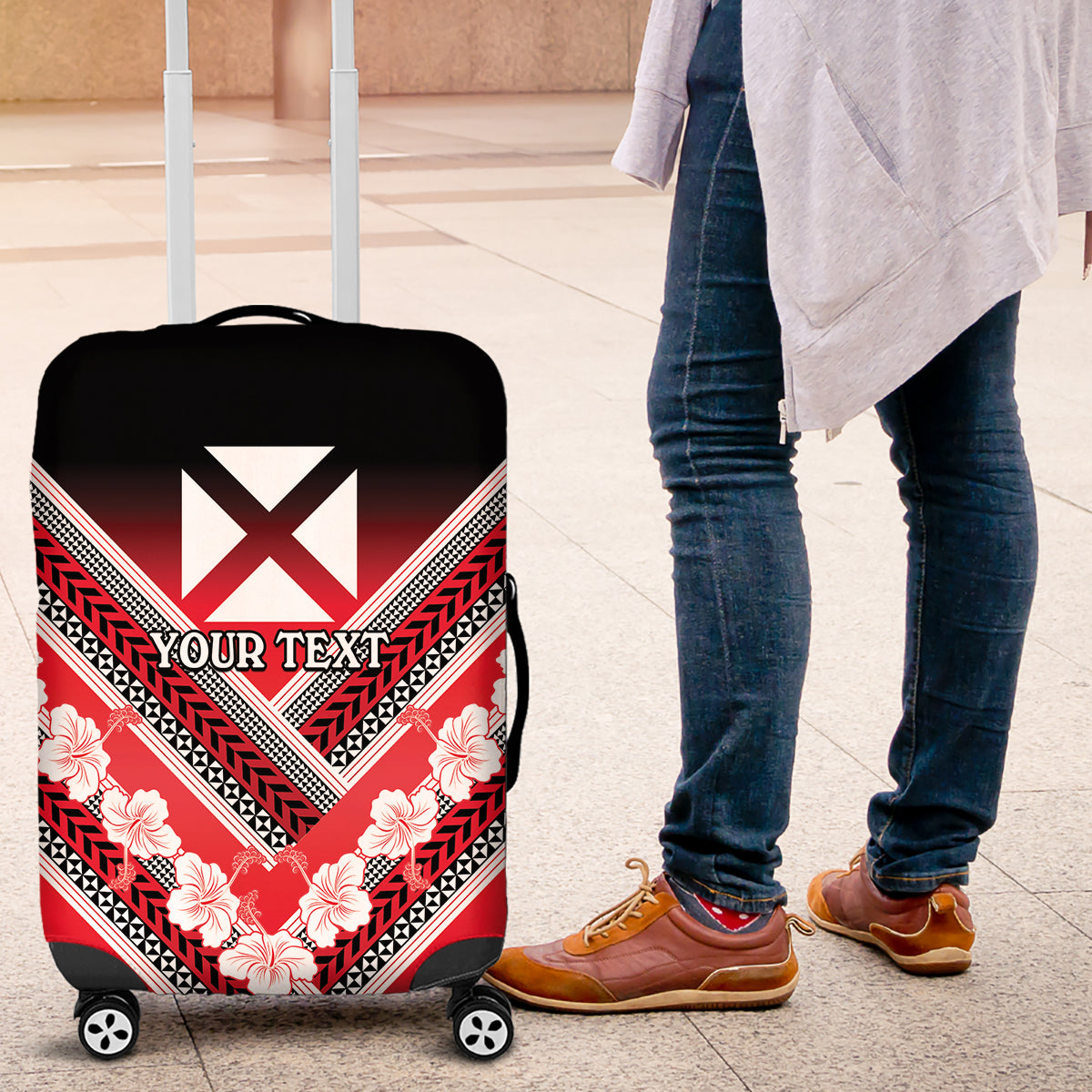 Personalised Wallis et Futuna Luggage Cover Hibiscus and Polynesian Tribal Tattoos LT9 Red - Polynesian Pride