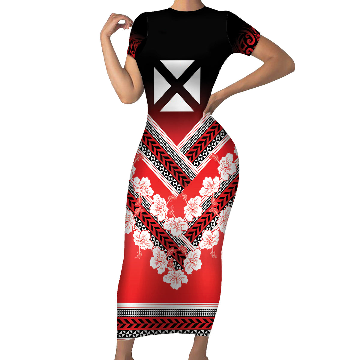 Personalised Wallis et Futuna Short Sleeve Bodycon Dress Hibiscus and Polynesian Tribal Tattoos LT9 Long Dress Red - Polynesian Pride