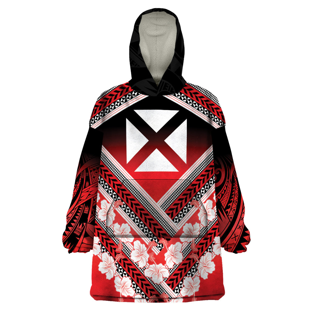 Personalised Wallis et Futuna Wearable Blanket Hoodie Hibiscus and Polynesian Tribal Tattoos LT9 One Size Red - Polynesian Pride