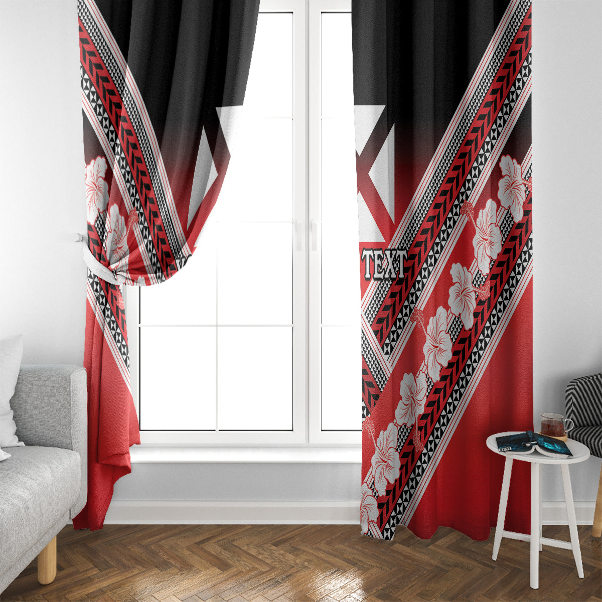 Personalised Wallis et Futuna Window Curtain Hibiscus and Polynesian Tribal Tattoos