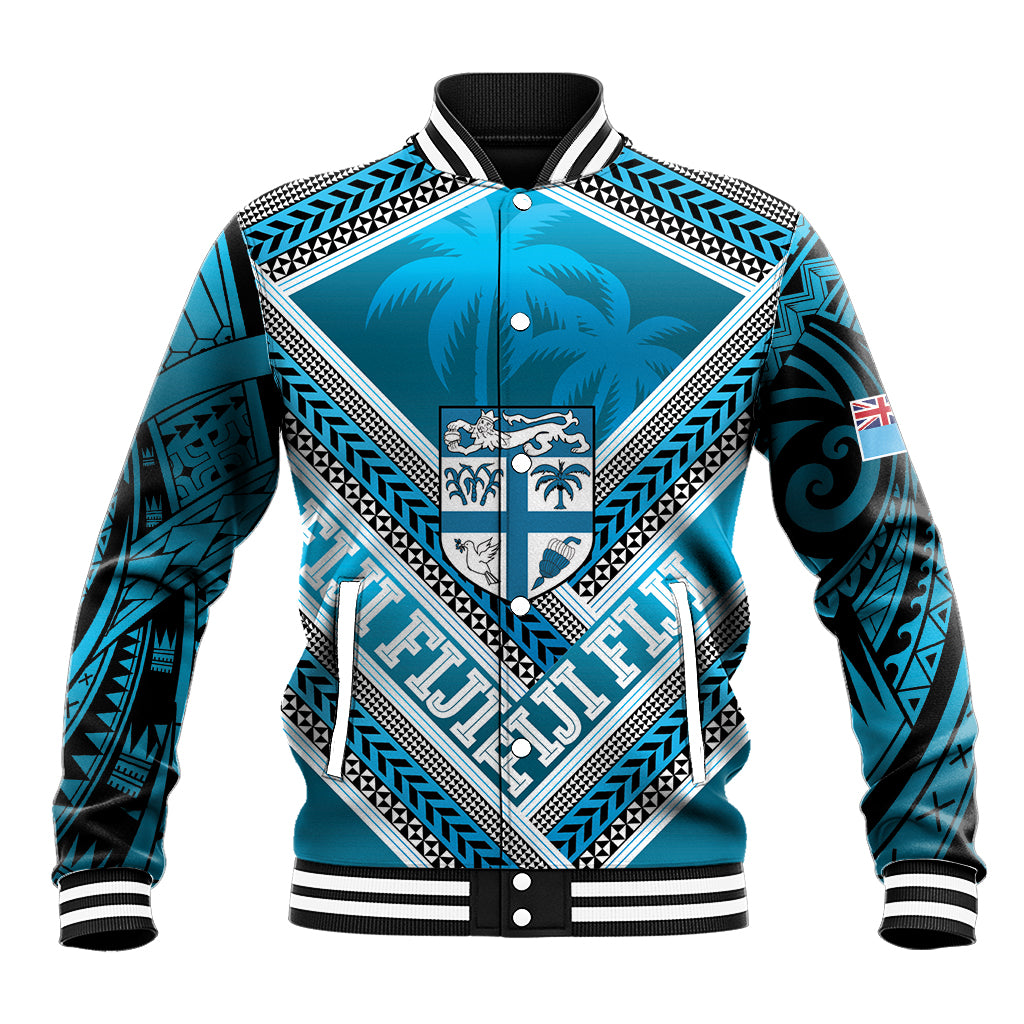 Custom Fiji Rugby Baseball Jacket Fijian Warrior With Polynesian Tribal Tattoos LT9 Unisex Blue - Polynesian Pride