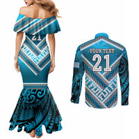 Custom Fiji Rugby Couples Matching Mermaid Dress and Long Sleeve Button Shirt Fijian Warrior With Polynesian Tribal Tattoos