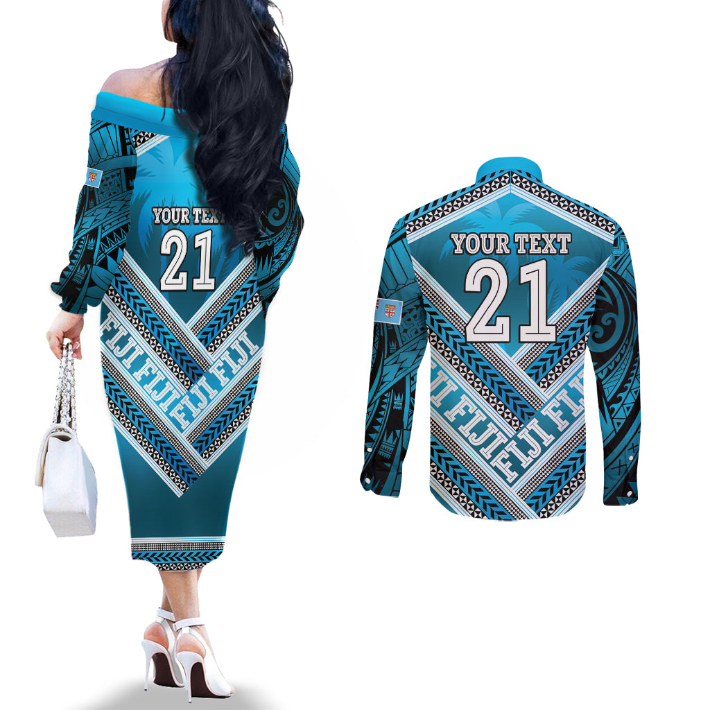Custom Fiji Rugby Couples Matching Off The Shoulder Long Sleeve Dress and Long Sleeve Button Shirt Fijian Warrior With Polynesian Tribal Tattoos