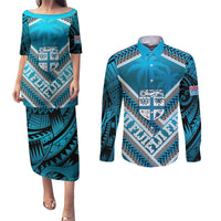 Custom Fiji Rugby Couples Matching Puletasi and Long Sleeve Button Shirt Fijian Warrior With Polynesian Tribal Tattoos