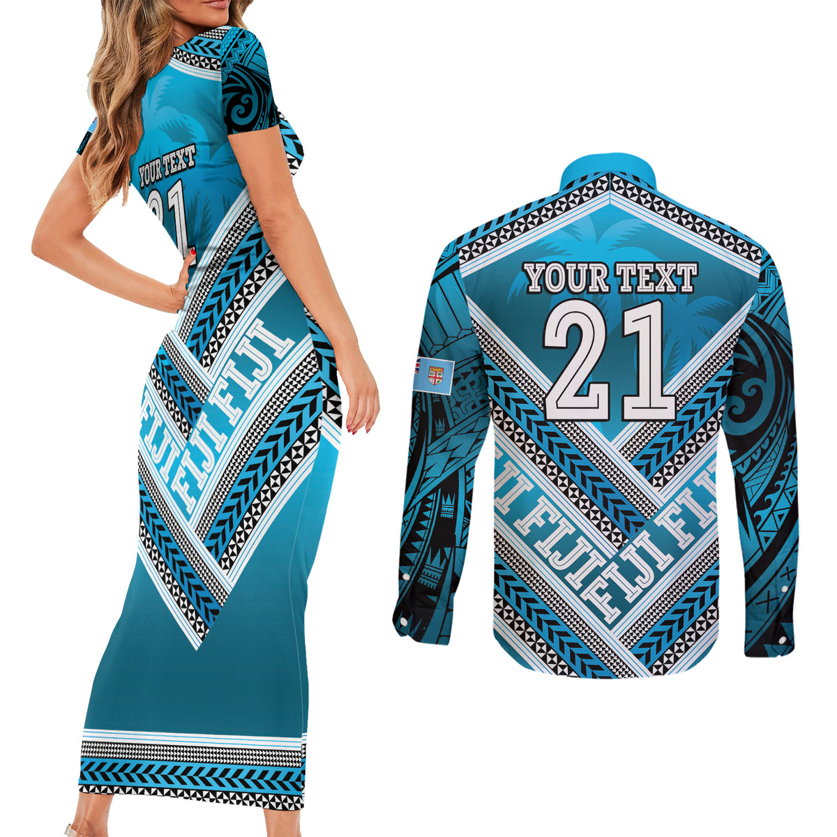 Custom Fiji Rugby Couples Matching Short Sleeve Bodycon Dress and Long Sleeve Button Shirt Fijian Warrior With Polynesian Tribal Tattoos