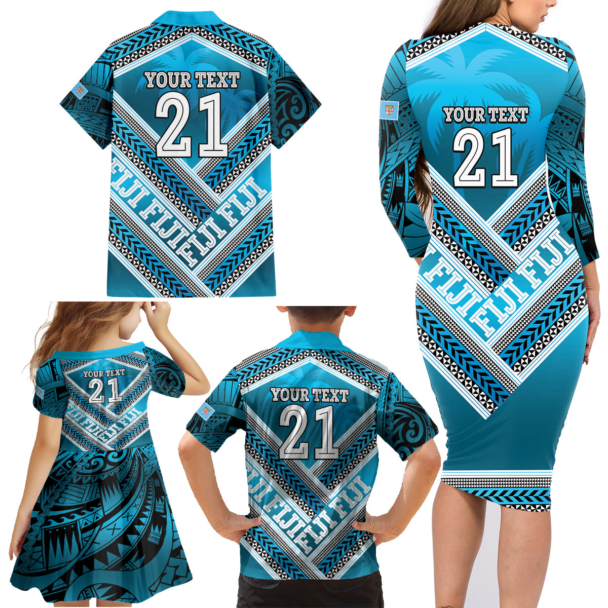 Custom Fiji Rugby Family Matching Long Sleeve Bodycon Dress and Hawaiian Shirt Fijian Warrior With Polynesian Tribal Tattoos