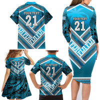 Custom Fiji Rugby Family Matching Long Sleeve Bodycon Dress and Hawaiian Shirt Fijian Warrior With Polynesian Tribal Tattoos