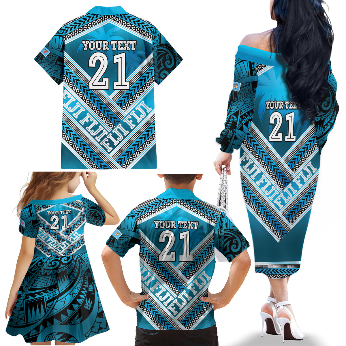 Custom Fiji Rugby Family Matching Off The Shoulder Long Sleeve Dress and Hawaiian Shirt Fijian Warrior With Polynesian Tribal Tattoos