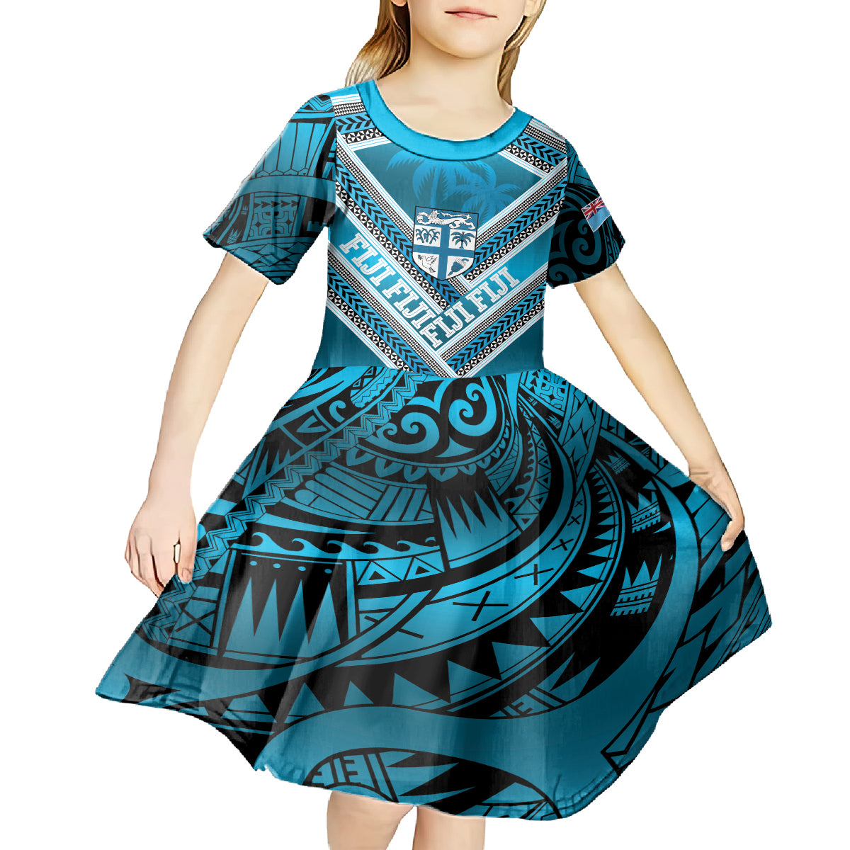 Custom Fiji Rugby Kid Short Sleeve Dress Fijian Warrior With Polynesian Tribal Tattoos