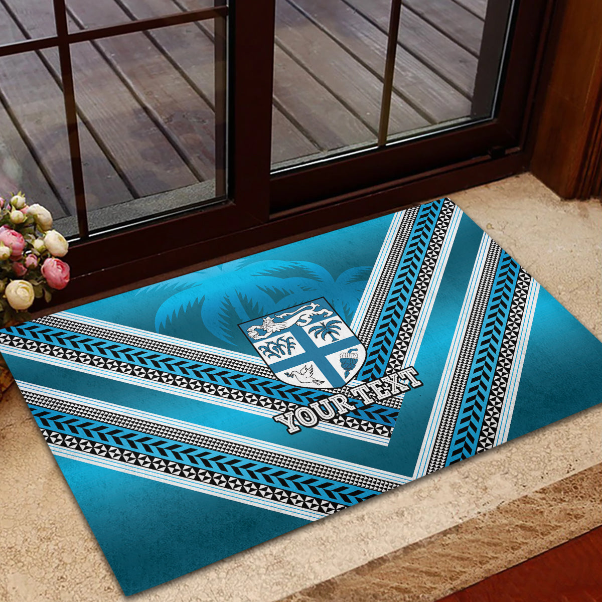 Custom Fiji Rugby Rubber Doormat Fijian Warrior With Polynesian Tribal Tattoos