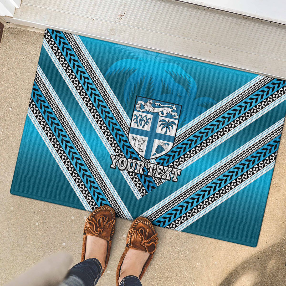 Custom Fiji Rugby Rubber Doormat Fijian Warrior With Polynesian Tribal Tattoos