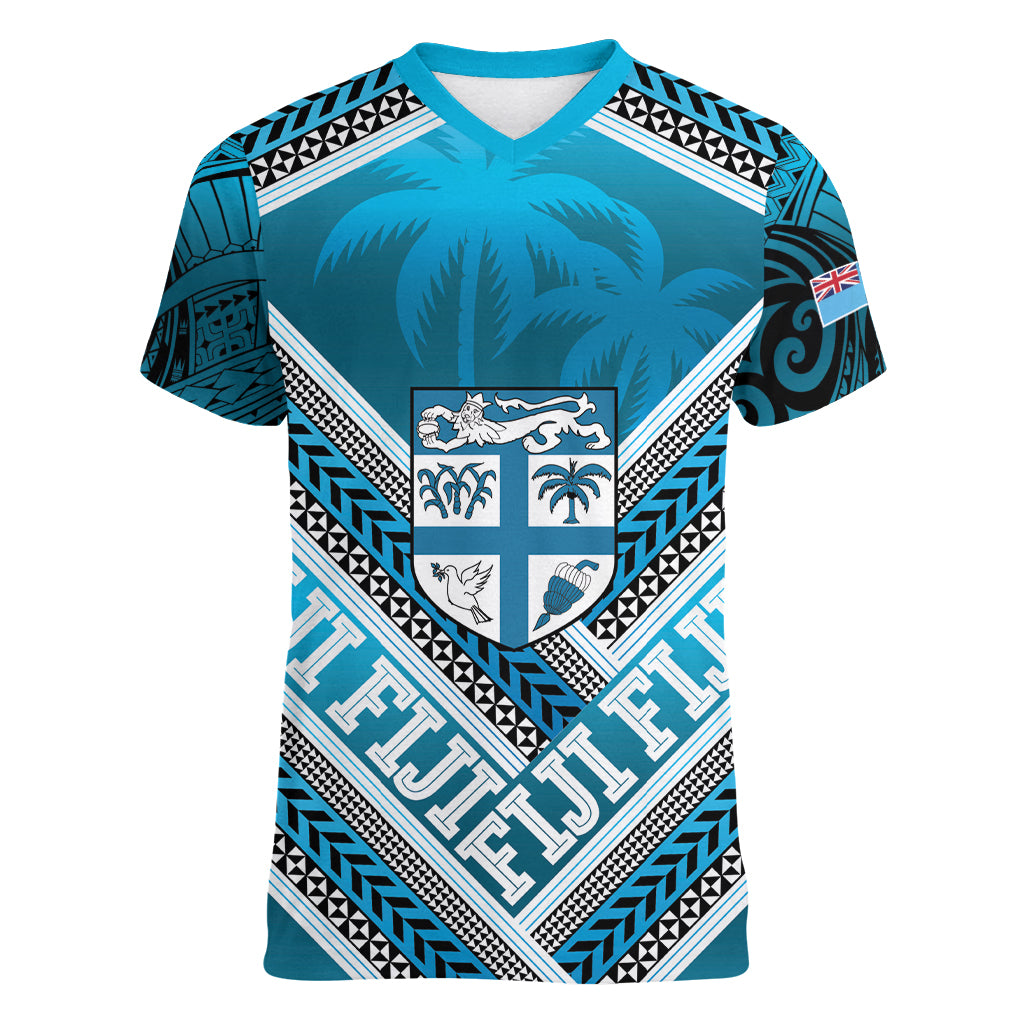 Custom Fiji Rugby Women V Neck T Shirt Fijian Warrior With Polynesian Tribal Tattoos