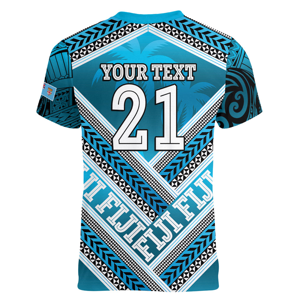 Custom Fiji Rugby Women V Neck T Shirt Fijian Warrior With Polynesian Tribal Tattoos