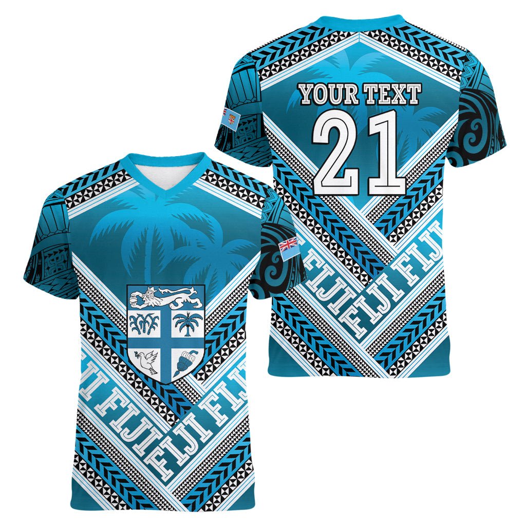Custom Fiji Rugby Women V Neck T Shirt Fijian Warrior With Polynesian Tribal Tattoos