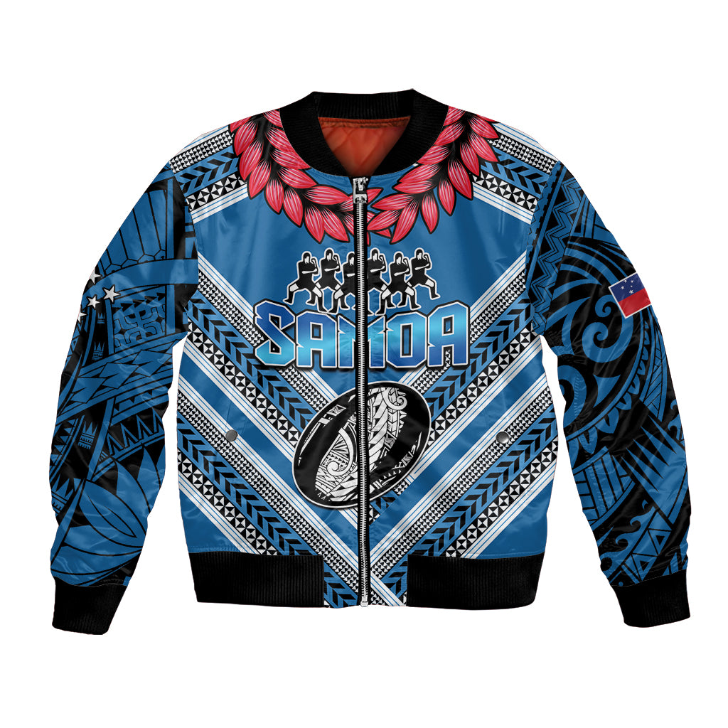 Custom Manuma Samoa Rugby Bomber Jacket Ula fala Samoan Siva Tau Tribal LT9 Unisex Blue - Polynesian Pride