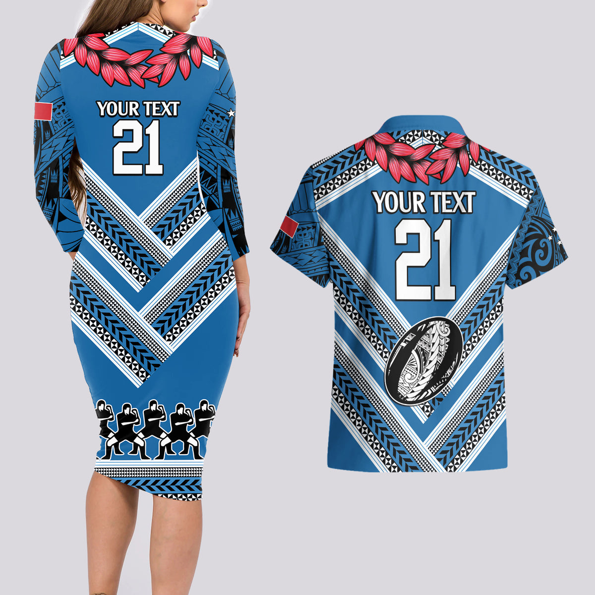 Custom Manuma Samoa Rugby Couples Matching Long Sleeve Bodycon Dress and Hawaiian Shirt Ula fala Samoan Siva Tau Tribal