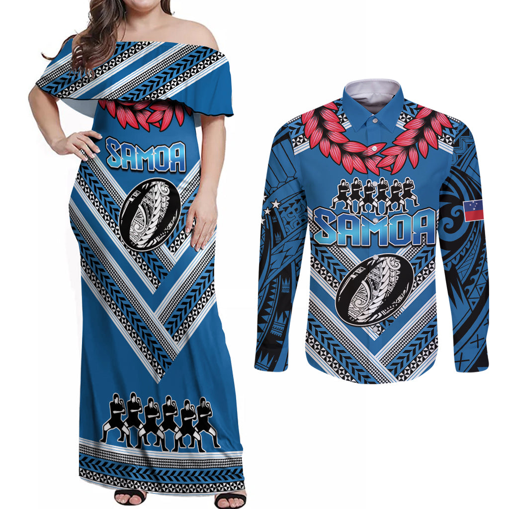 Custom Manuma Samoa Rugby Couples Matching Off Shoulder Maxi Dress and Long Sleeve Button Shirt Ula fala Samoan Siva Tau Tribal LT9 Blue - Polynesian Pride