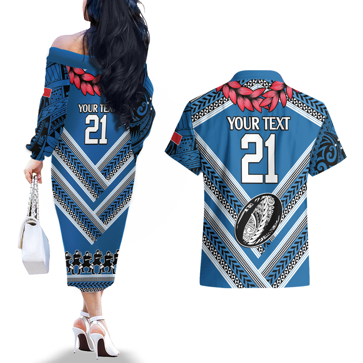 Custom Manuma Samoa Rugby Couples Matching Off The Shoulder Long Sleeve Dress and Hawaiian Shirt Ula fala Samoan Siva Tau Tribal