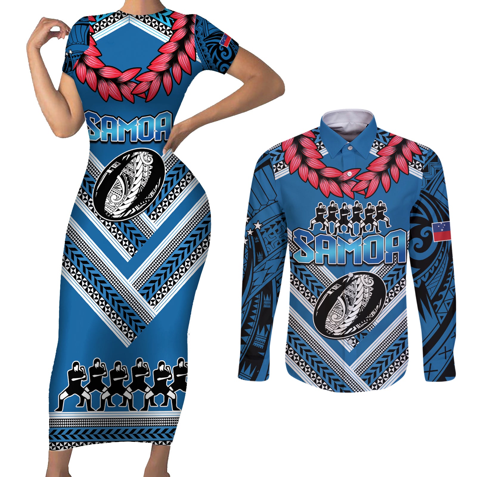 Custom Manuma Samoa Rugby Couples Matching Short Sleeve Bodycon Dress and Long Sleeve Button Shirt Ula fala Samoan Siva Tau Tribal LT9 Blue - Polynesian Pride