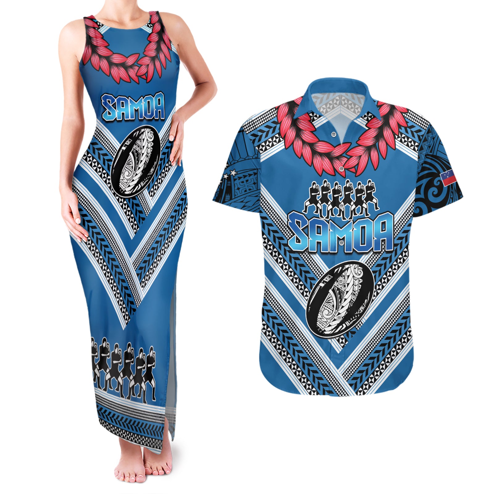 Custom Manuma Samoa Rugby Couples Matching Tank Maxi Dress and Hawaiian Shirt Ula fala Samoan Siva Tau Tribal LT9 Blue - Polynesian Pride