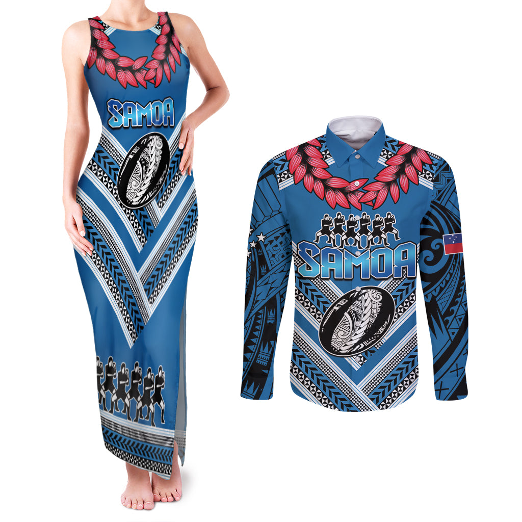 Custom Manuma Samoa Rugby Couples Matching Tank Maxi Dress and Long Sleeve Button Shirt Ula fala Samoan Siva Tau Tribal LT9 Blue - Polynesian Pride
