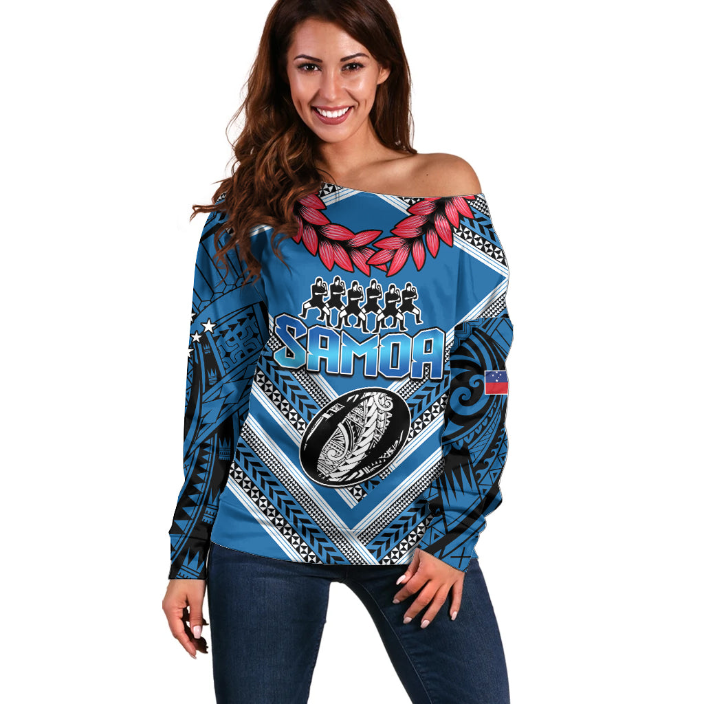 Custom Manuma Samoa Rugby Off Shoulder Sweater Ula fala Samoan Siva Tau Tribal LT9 Women Blue - Polynesian Pride